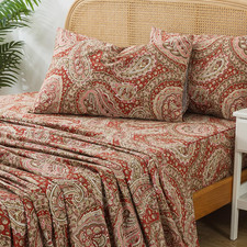 Cotton Full Size Sheets - Burgundy Red Paisley Bed Set, Luxury Soft Breathable C