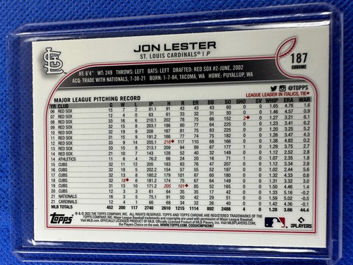 2022 #187 Jon Lester Topps Chrome Baseball X-Fractor St Louis Cardinals - Picture 2 of 2