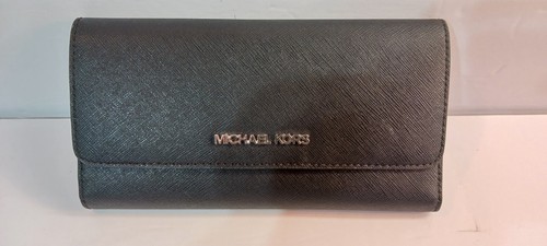 Michael Kors Jet Set Travel Trip Tri-Fold Leder Geldbörse Kalbsleder Schwarz Neu