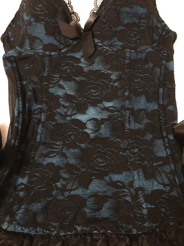 Pure Beauty Rene Rofe Bustier Top Sz Small Coquette Black Floral Lace Blue Bows - Picture 4 of 19