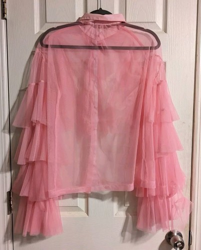 House of Aris Bluse rosa Rüschen Tüll transparent S Langarm Knopfleiste Kragen - Bild 5 von 6