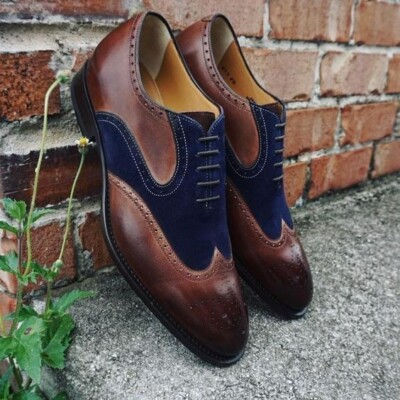 Bespoke Pure Chocolate Brown Leather and Blue Suede Oxford Lace up Dress  Shoes