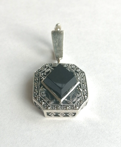 Anhänger mit Onyx Rautenform und Markasiten Clip-Verschluss Silber 925 (2819) - Bild 2 von 5