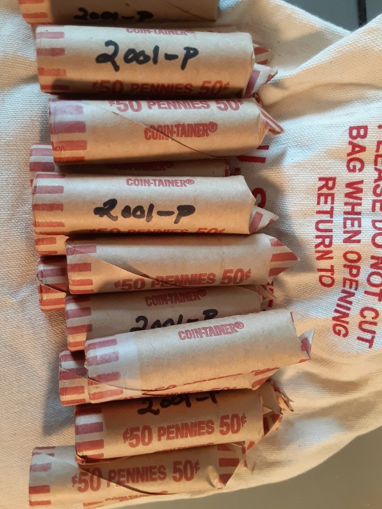 BU, Choice BU and Gem BU roll of 2001-P Lincoln Memorial Cents. BU, Choice BU and Gem BU roll of 2001-P Lincoln Memorial Cents.