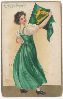 Postcard St Patrick's Day, Erin go Bragh, Young Lady Flag, Ellen H. CLAPSADDLE*