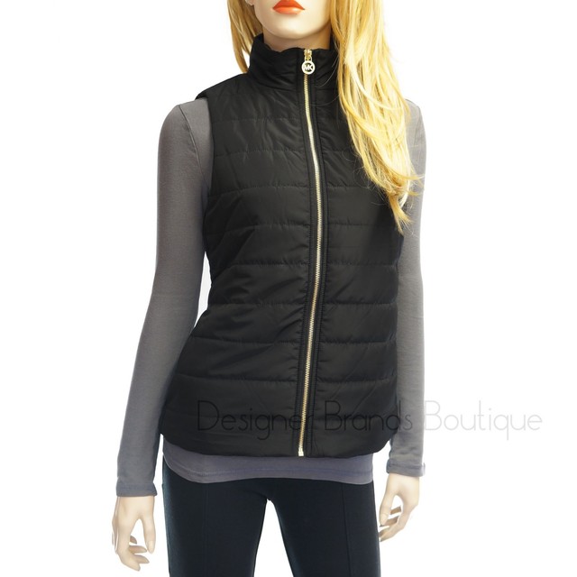 MICHAEL KORS Black Gold Zipper MK Logo Quilted Puffer Vest eBay