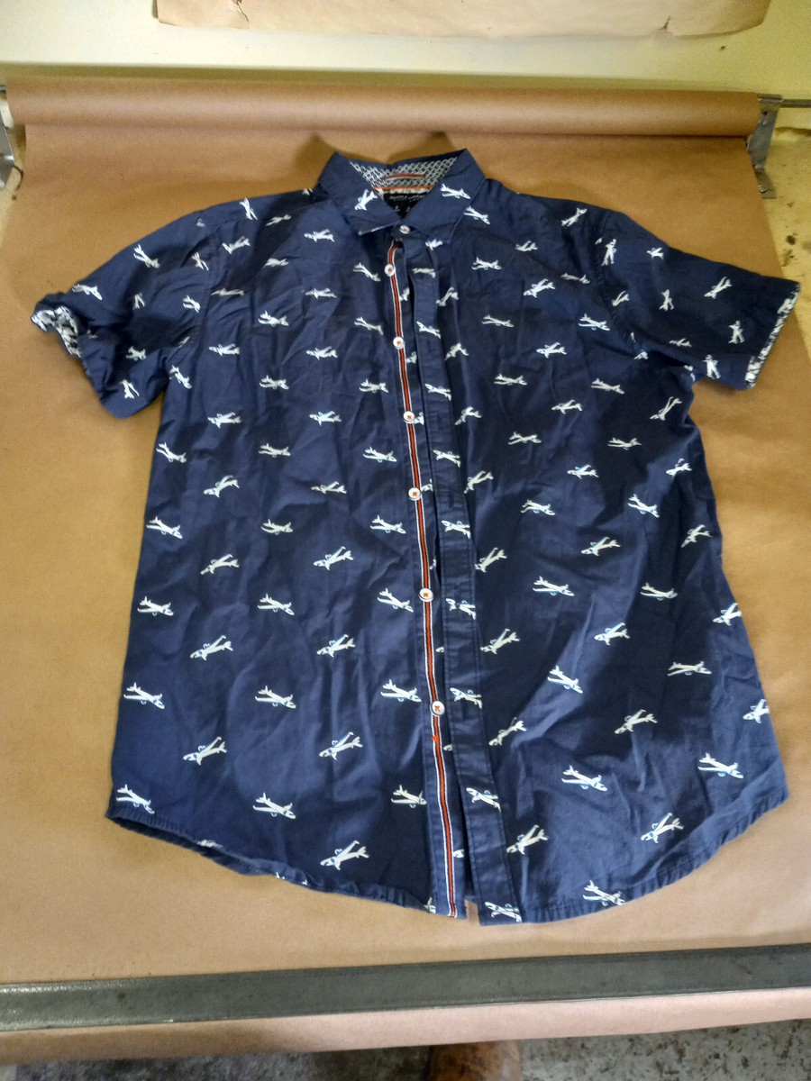 Denim Flower Mens Button Down Shirt Blue Air Plane Slim Fit S/38