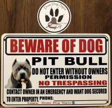 Metal Warning Pit Bull Dog Sign,CroppedEar Pit Beware Of Dog 8"x12" USA Made