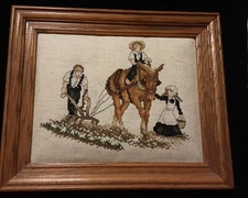 Framed Finished Cross Stitched Amish Family Plowing w/Horse, about 10" by 12"