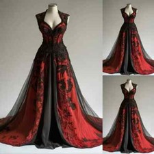 Black Red Gothic Wedding Dresses Straps Lace Appliqeus A Line V Neck Bridal Gown