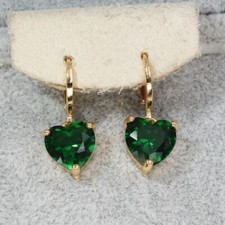 18K Yellow Gold Filled Green Heart Crystal CZ Charm Mini Hoop Dangle Earrings