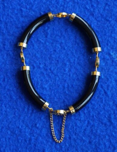 VTG Gold Tone Black Glass Tube Link Bracelet w/Gold Tone Chinese Characters, 7" - Picture 1 of 10