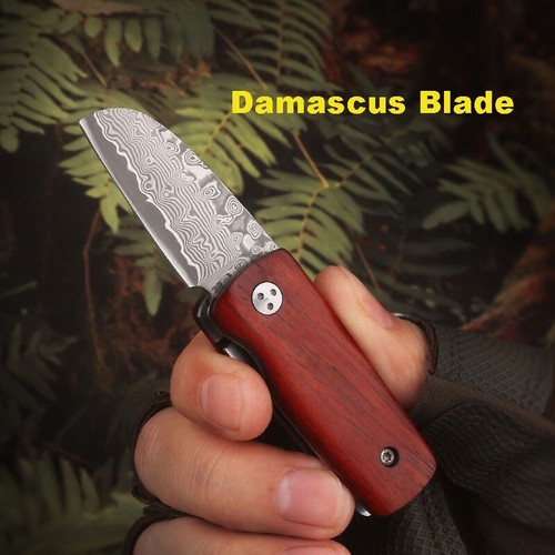 Mini Pocket Folding Knife Damascus Blade Wooden Handle Outdoor Camping EDC Tool - Picture 1 of 9