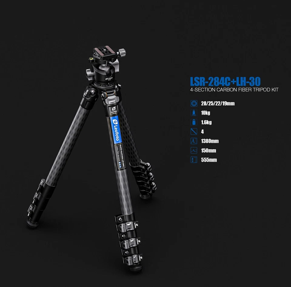 Leofoto Tripod LSR-284C+LH-30 Light Weight CF Flip Lock with Ballhead - Image 2 of 4
