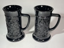 VTG Indiana Black Glass Tiara Tavern Pub German Set Of 2 Beer Stein Mug Tankard