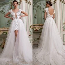 Boho 3D Flowers Wedding Dresses V-Neck with Detachable Train Mini Bridal Gowns