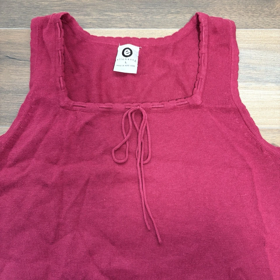 De colección Y2K Ellemenno Mujer Borgoña Borde Festoneado Cuello Cuadrado Frontal Arco Tanque Talla L Foto 2 de 4