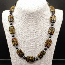 Black Red Yellow Orange Glass Rectangle Beaded Necklace Wavy Print Big Chunky