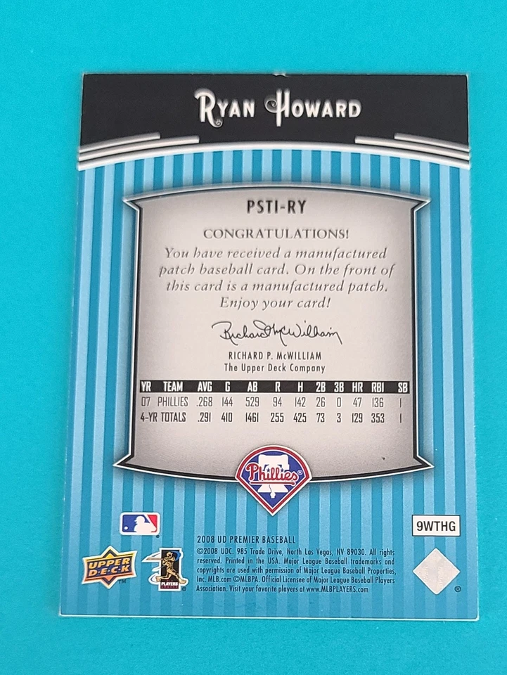 Карта 2008 UD Premier Stitchings /75 #PSTI-RY Ryan Howard Phillies N9 - Изображение 2 из 2