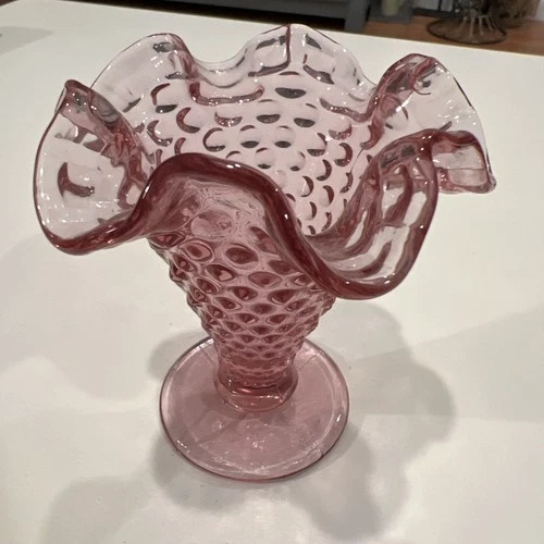 Fenton Vintage Glass Cranberry Pink Hobnail Posy Vase Ruffled Edge