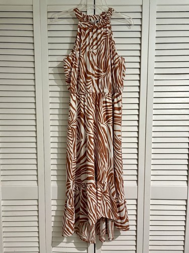 Nine West Halter Sundress Sleeveless Sz L Hi-Lo Midi Brown/White Zebra Print EUC - Picture 2 of 8