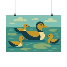 New Horizontal Poster Mid Century Modern Abstract Ducks Pond