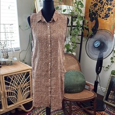 Tahari Tan Linen Ditsy Pattern Sleeveless Button Up Shirt Dress