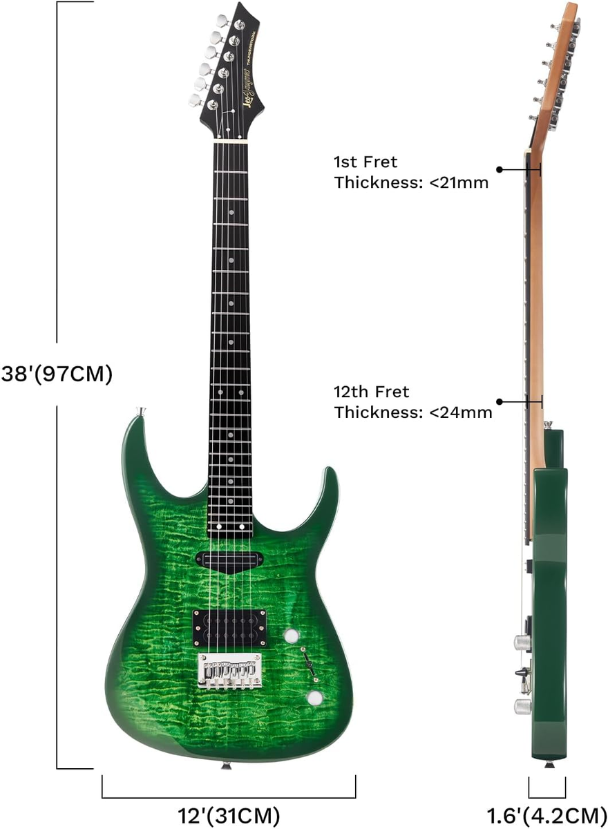 Leo Jaymz Thunderstorm ST Electric Guitar Green Flame 24 Frets
