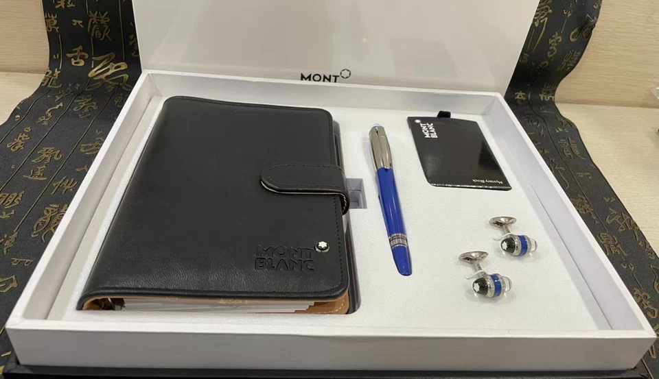 Montblanc Nuevo Lujo Pluma Estilográfica Cuerpo Azul Cuero Firma Cuaderno Set Foto 2 de 4