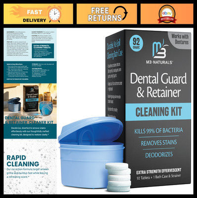No-Mess Retainer Cleaner Tablets & Soak Container - Denture Bath, Strainer, 92 T