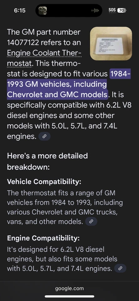 New OEM Genuine GM 14077122 Thermostat  Fits GM 1984-93 Chevy GMC Trucks K1500 - Image 2 of 4