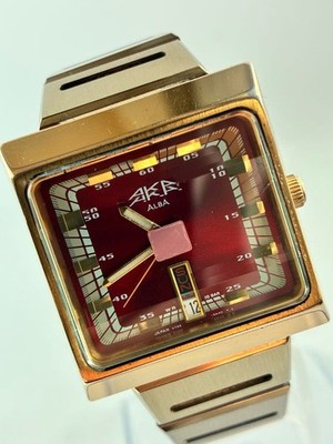 Seiko Alba Aka V733-5A40 rotes Zifferblatt quadratische Uhr getestet funktion...