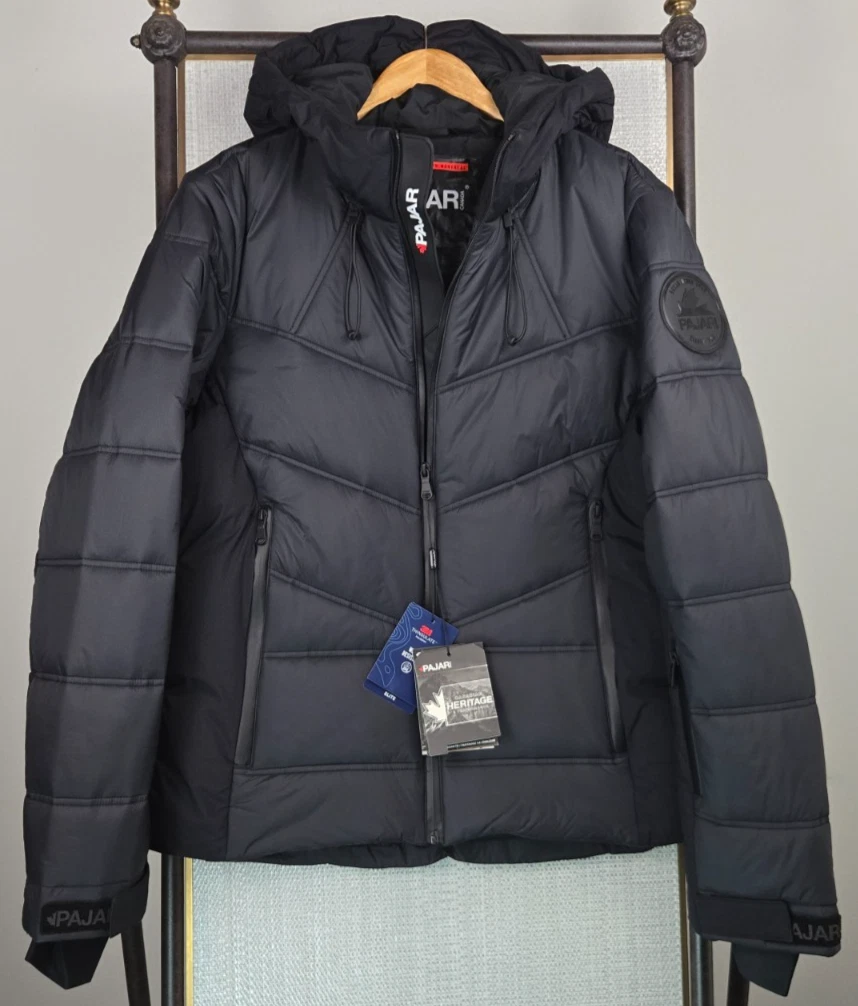 PAJAR Mens Large Hooded Jacket New $549 Thinsulate Black Full Zip Mitten Cuffs