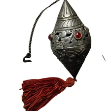 VTG Moroccan hanging incense lantern,container pierce silv metal rd beads/tassel