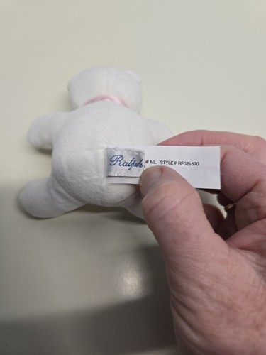 Vintage Ralph Lauren Miniatur 3,5 Zoll weicher weißer Plüschbär Rassel rosa Schleife - Bild 4 von 7