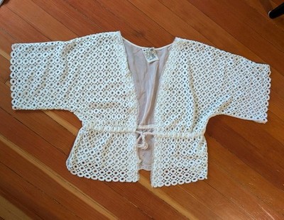 Womens Eyelet Crochet Tie Front Top Silk Boho Topper Coverup Festival Coastal OS