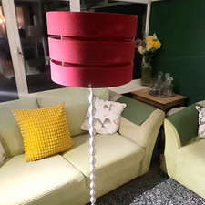 Red Drum Fabric Shade Floor Lamp, Silver Metal Base, Foot Switch, Corded