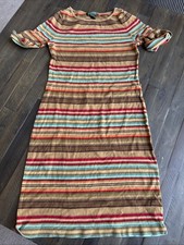 Lauren Ralph Lauren Short Roll Tab Sleeve Striped Dress Sz S Brown/Blue Cotton