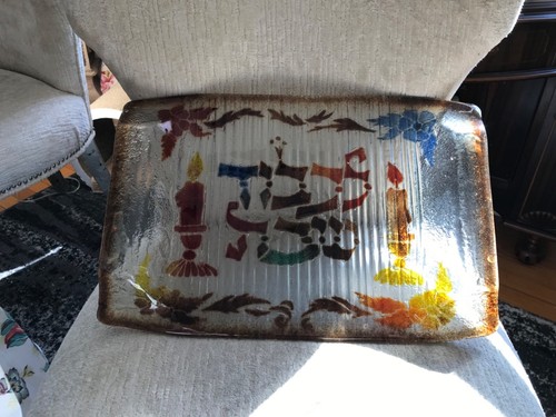 FUSED GLASS JEWISH DESIGN & WRITING CANDLES/ FLOWER LRG SERVING PLATTER handles - 第 1/7 張圖片