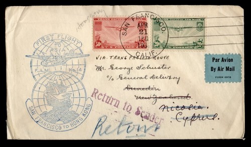 DR WHO 1937 ERSTFLUG SAN FRANCISCO CA NACH HONGKONG FAM 14 RTS m28545