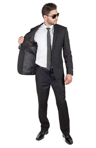 Traje para hombre negro liso calce ajustado de 2 botones muesca solapa pantalones delanteros planos AZAR - Imagen 4 de 8