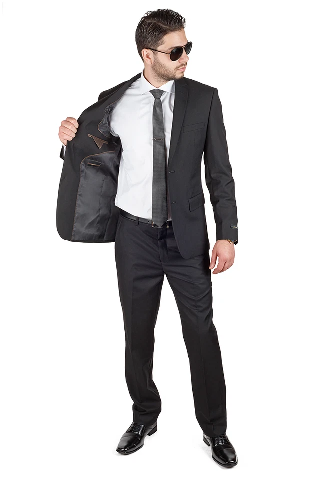 Solid Black Slim Fit Mens Suit 2 Button Notch Lapel Fitted Flat Front Pants AZAR - Image 4 of 4
