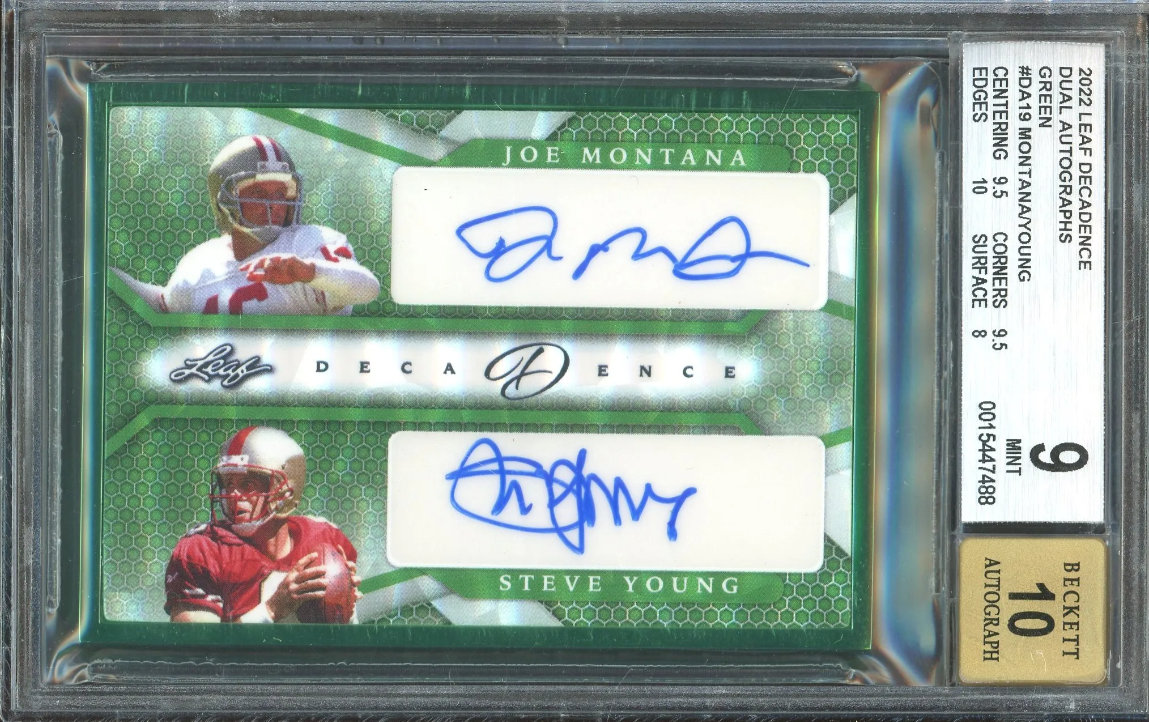 Joe Montana, Steve Young 2022 Leaf Dual Autographs Card - Mint 9