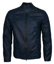 Mens Blue Leather Jacket Cafe Racer Motorcycl...