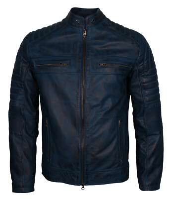 Mens Blue Leather Jacket Cafe Racer Motorcycle Leather Coat In Genuine Lambskin