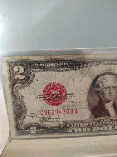 Rare 1928 D RED SEAL TWO DOLLAR BILL WITH SERIAL NUMBER STARTING WITH C - Picture 4 of 12