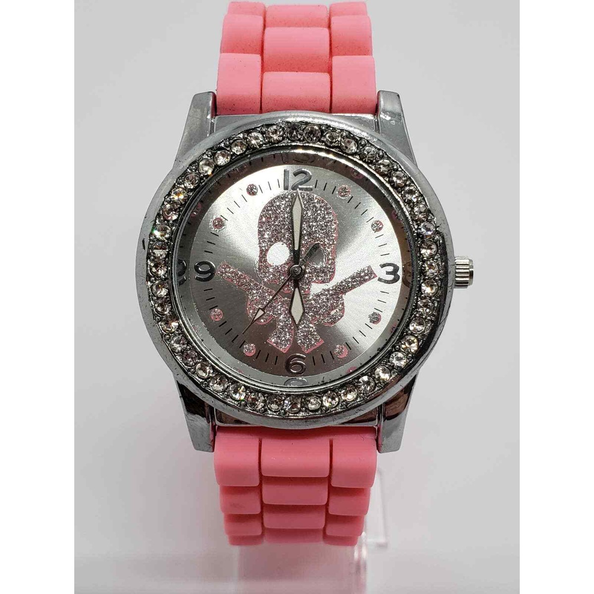 Pink glitter skull and gun women's watch. Jeweled bevel