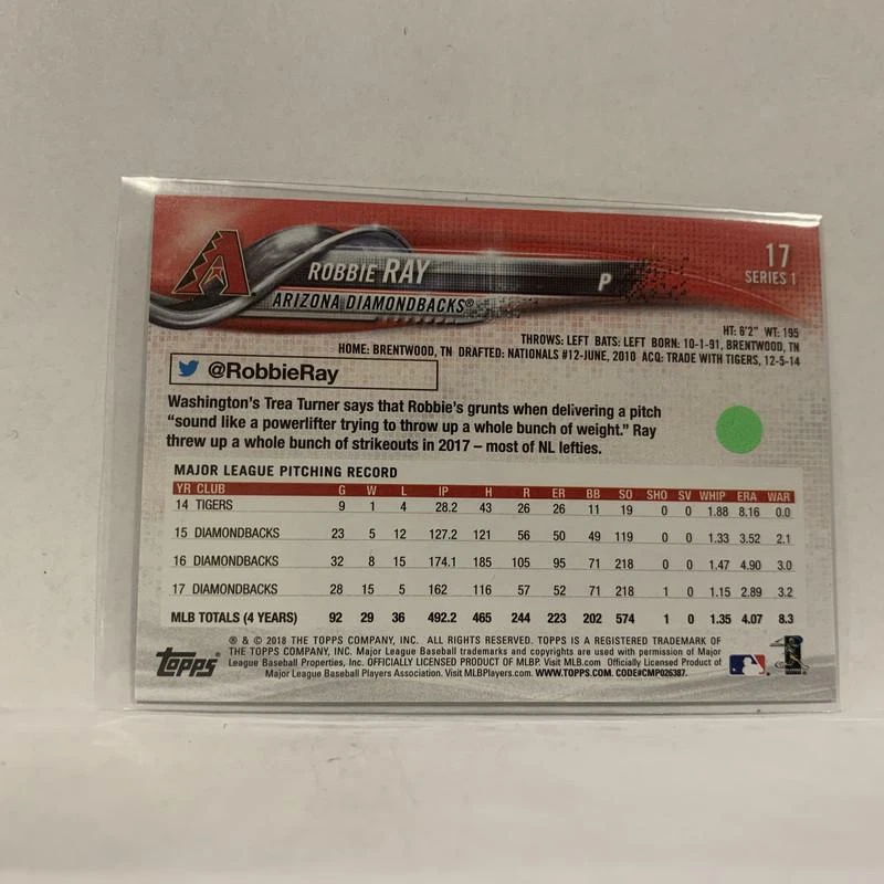 #17 Robbie Ray Arizona Diamondbacks  Series 1 2018 Topps Baseball Card A1Q - Image 2 of 2