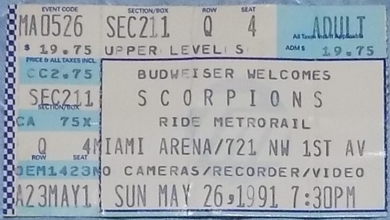 SCORPIONS CONCERT TICKET STUB - MAY 26, 1991 @ MIAMI ARENA