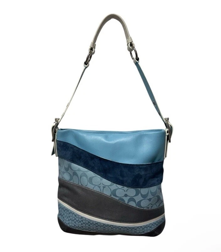 Coach Vintage Signature Wave Duffle Patchwork Hobo Bag Blue #10653 RARE - Image 2 of 4
